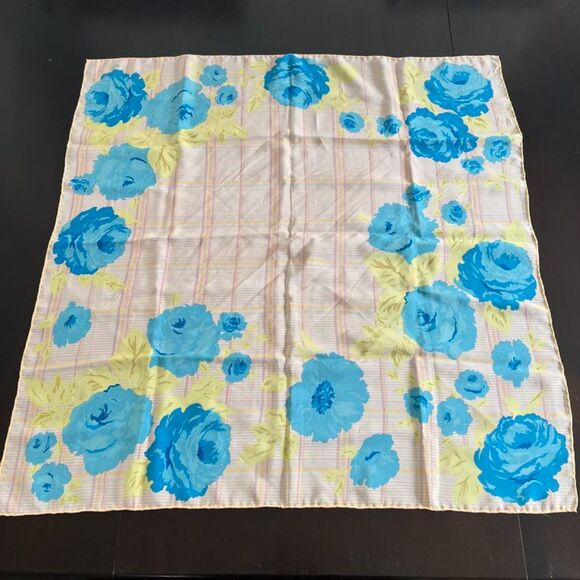 Vintage Peach, Pink, Blue, Yellow Silky Square Scarf 30.5" x 31.5" - Picture 1 of 8